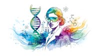 Female scientist with colorful hair and glasses surrounded by DNA helix, molecular structures and scientific elements in watercolor style for research concepts.
