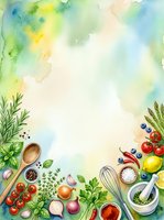 Watercolor cooking background with fresh vegetables, herbs, and kitchen utensils arranged on white space, ideal for recipe blogs and culinary designs.