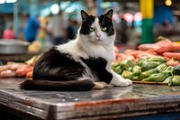 Black and white cat resting on market counter near fresh vegetables and produce, looking directly at camera with bright green eyes in local farmers market setting.
