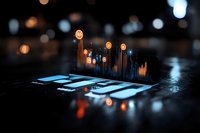 Futuristic holographic financial charts and graphs projecting from smartphone screen with glowing data visualization in dark environment with bokeh lights.