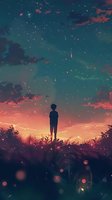 Silhouetted figure standing in field gazing at starry night sky with meteor shower, surrounded by glowing grass and dramatic sunset clouds in warm orange and cool teal tones.