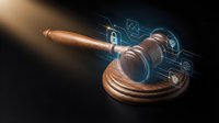 Wooden gavel with glowing digital security icons and padlock symbols, representing legal protection, cybersecurity law, and digital rights enforcement for business and technology concepts.