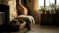 Cozy rustic living room interior with stone fireplace, wicker basket, soft throw blanket and potted plants on wooden furniture in warm natural sunlight.