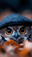 Close-up portrait of small owl with bright orange eyes and detailed feathers hiding behind autumn leaves with shallow depth of field and warm bokeh background.
