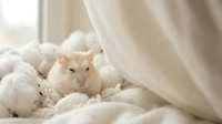 Adorable white domestic rat peeking from soft fluffy blankets in cozy bedroom setting with natural window light creating warm peaceful atmosphere.