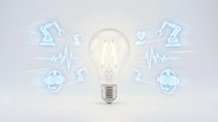 Glowing light bulb with medical healthcare icons and heartbeat pulse lines on white background for innovation and wellness concepts.