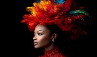 Young African American woman wearing vibrant red and orange feather headdress against black background, dramatic side profile with glamorous makeup and high neck red dress.