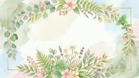 Soft watercolor floral frame with green leaves, wildflowers, and pastel washes, forming an elegant botanical border for wedding or greeting cards.