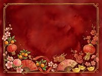 Vintage red background with ornamental gold border frame, Asian-inspired floral and fan decorations, lanterns, and botanical elements. Suitable for invitations, greeting cards, posters, and festive designs.