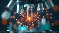 Glowing molecular structure under microscope with bokeh lights and scientific equipment in laboratory setting creates futuristic research atmosphere.