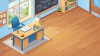 Isometric classroom or office workspace with wooden desk, blue chair, laptop, supplies, and educational wall displays for learning environment concepts.