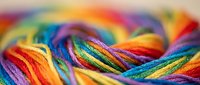 Vibrant rainbow colored embroidery thread twisted in colorful strands for crafting and needlework projects on soft blurred background.