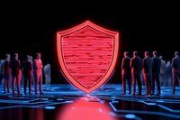 Glowing red shield protection symbol with silhouettes of people standing on digital surface in blue neon light, cybersecurity and data protection concept.