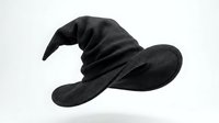 Black wizard hat with curved pointed tip isolated on white background for Halloween costume design and magical themed projects.