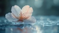 Delicate pale pink flower with water droplets floating on water surface, soft bokeh background, nature and freshness concept for wellness and spa design.