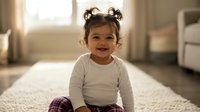 Happy mixed-race toddler girl with curly hair in pigtails sitting on bedroom carpet wearing white long sleeve shirt, smiling at camera in bright natural light.