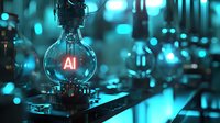 Glowing AI symbol inside glass bulb with futuristic cyan bokeh background, representing artificial intelligence and technological innovation in modern science.