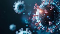 Microscopic view of virus cell with spike proteins in blue and red tones against dark background, medical science visualization for healthcare and research.