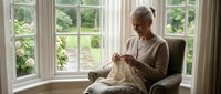 Senior woman with gray hair, Caucasian ethnicity, sitting in armchair by large windows, knitting with yarn and needles. Natural daylight streams through glass panes overlooking garden. Peaceful hobby scene for relaxation, crafts, retirement lifestyle content.