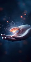 Magical glowing light floating above open palm against dark background with sparkles and bokeh effects, creating mystical atmosphere for spiritual concepts.
