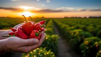 Fresh red chili peppers held in cupped hands over agricultural field at golden sunset, showcasing organic farming and harvest season produce.