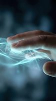 Hand touching glowing digital network interface with light particles and data visualization, representing technology innovation, connectivity, and future digital transformation concepts.