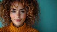Young woman with curly auburn hair wearing orange sweater against teal background. Natural makeup and warm lighting create cozy autumn portrait for lifestyle content.