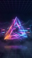 Futuristic neon pyramid with glowing edges floating in cyberpunk digital space with grid floor and geometric wireframe elements for tech design projects.