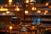 Legal scales balancing traditional paper documents against digital technology with glowing city lights background, representing modern justice transformation.