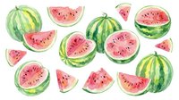 Watercolor watermelon collection with whole fruits and slices showing pink flesh and black seeds on white background for summer designs.