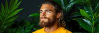 Young bearded man with long hair in yellow shirt surrounded by tropical green plants looking away thoughtfully in natural indoor setting.