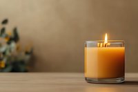 Glowing orange aromatic candle in glass container on wooden surface with soft bokeh background and decorative plants, creating cozy atmosphere.