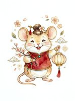 Cute mouse character wearing red traditional clothing holding lantern surrounded by flowers and decorative elements on isolated white background for children's design and festive projects.