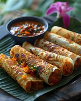 Crispy rolled crepes filled with spicy vegetables served on banana leaf with chili sauce, garnished with fresh herbs and edible flowers. Asian fusion appetizer.