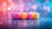 Colorful gummy candies in row with sparkling bokeh lights background for sweet treats and confectionery advertising campaigns.