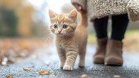 Curious ginger kitten walking on autumn path with owner in boots, shallow depth of field, soft bokeh background with fallen leaves.