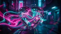 Glowing neon heart with flowing energy streams in cyberpunk cityscape. Digital love concept with pink and cyan light effects for romantic technology designs.