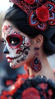 Young Hispanic woman with traditional Dia de los Muertos face paint in red, white and blue colors, wearing ornate headpiece with roses and matching statement earring, side profile view.