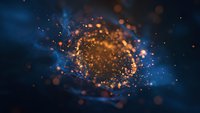 Abstract cosmic scene with glowing orange particles swirling in deep blue nebula, creating a dramatic celestial explosion effect against dark space background.