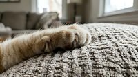Close-up of a cat's paw resting on a textured woven carpet in a bright living room, capturing a relaxed moment of a domestic feline at home.