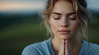 Young blonde Caucasian woman with closed eyes in prayer pose wearing light blue top outdoors during golden hour sunset with peaceful serene expression and soft lighting.
