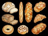 Watercolor bakery set with bread loaves, baguette, croissant, bagel, cinnamon roll, and braided bread, isolated on transparent background, ready for clipart, stickers, and t-shirt design.
