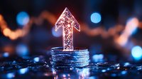 Glowing arrow pointing upward on stack of silver coins against blurred bokeh background, symbolizing financial growth and investment success in business.