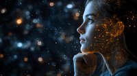 Profile view of young woman with glowing digital particles overlay against dark background with bokeh lights, representing artificial intelligence and technology.