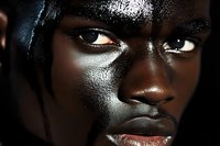 Close up portrait of young African model with glowing skin and intense gaze against dark background, dramatic lighting highlighting facial features and natural beauty.