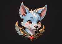 Adorable blue fox character with golden wings emblem and heart medallion on dark background, perfect for gaming avatar, mascot design or fantasy illustration.