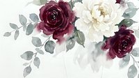 Watercolor burgundy and white roses with eucalyptus leaves on light background. Floral arrangement for wedding invitations, greeting cards and decorations.