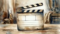 Vintage film clapper board with black and white stripes on weathered wooden surface surrounded by old cinema equipment and rustic props for filmmaking projects.