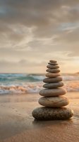 Balanced stone cairn on sandy beach at sunset with ocean waves and dramatic cloudy sky creating peaceful meditation and wellness atmosphere.