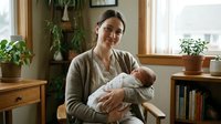 Happy mother holding newborn baby in cozy home interior with plants and natural light creating warm family bonding moment for parenting content.